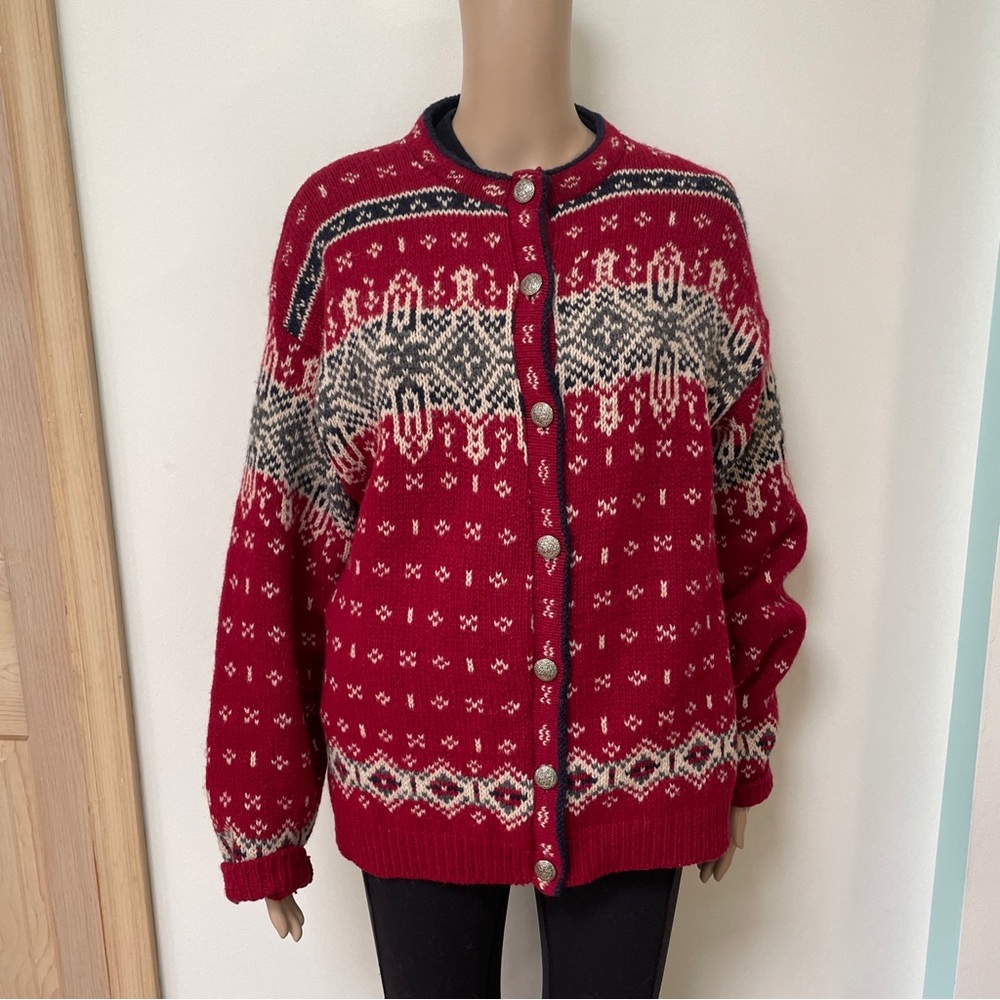 LL Bean Womans large sweater Scandi girl Vintage 80s Red Fair Isle